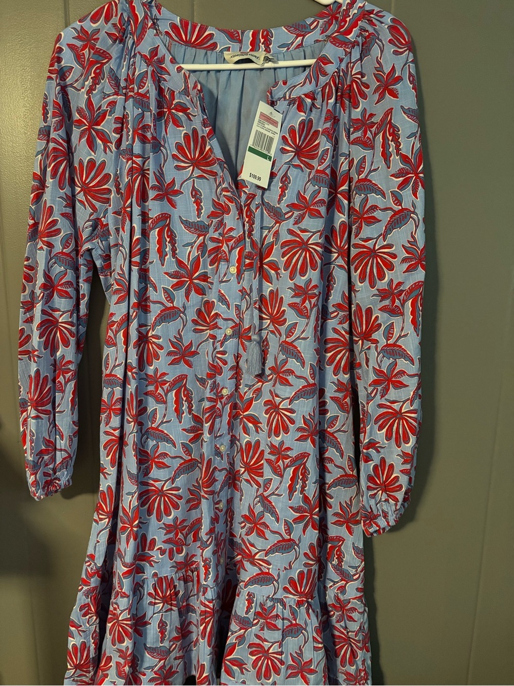 Vineyard Vines Light Blue Dress with Red Floral Print